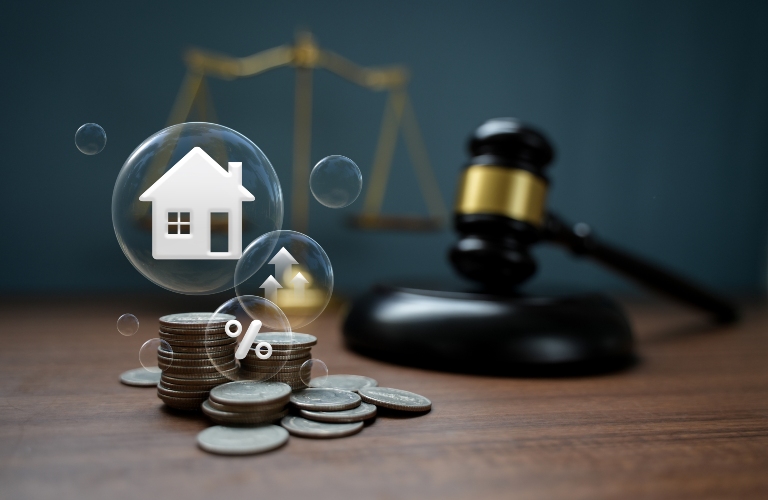 Judge Auctions and the Real Estate Legal System House model and hammer with icons on wooden table