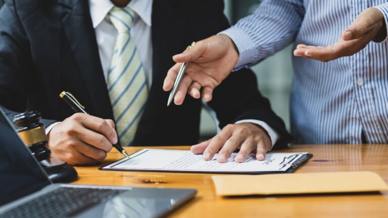 Lawyer, contract agreements document and legal proceedings